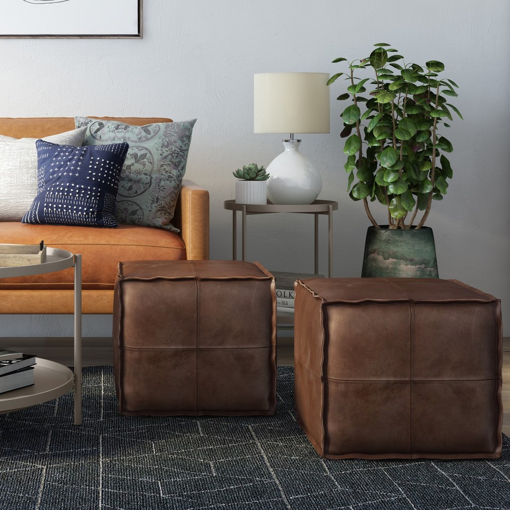 Brody - Square Pouf - Distressed Dark Brown