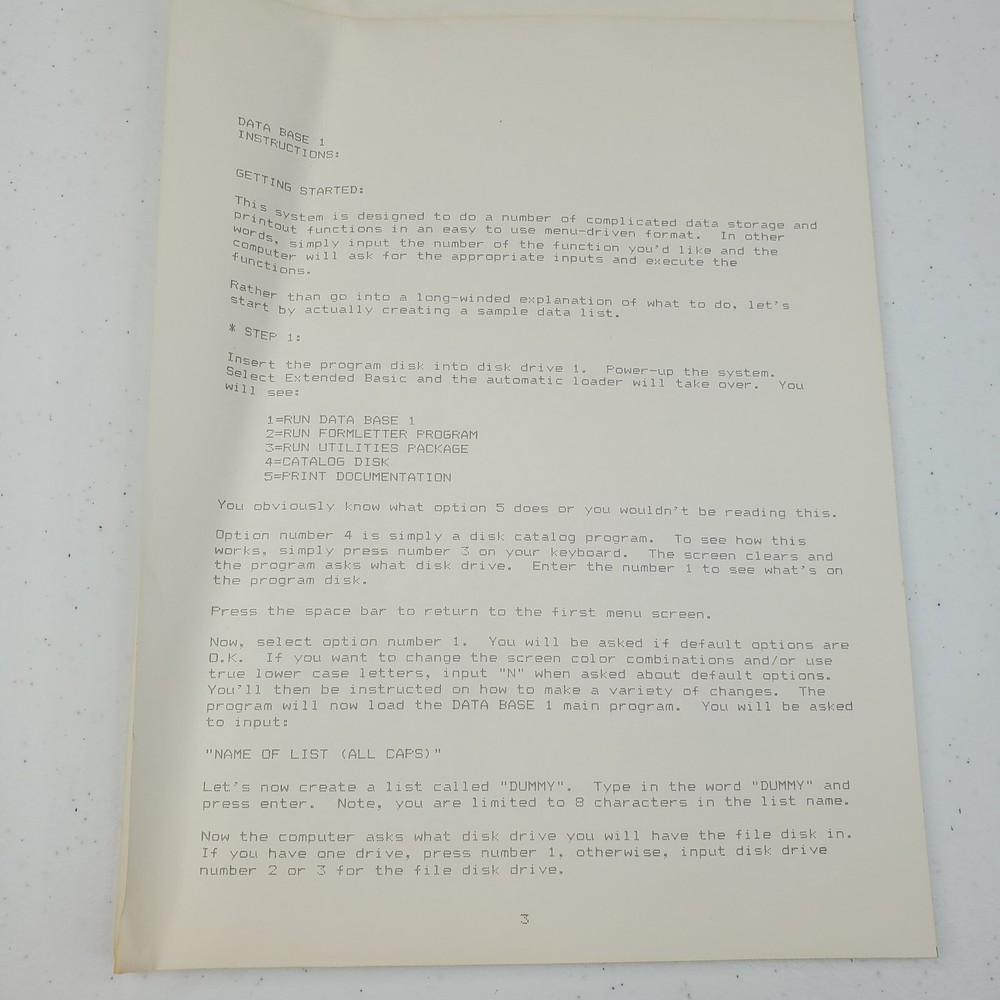 TI-99/4A Data Base 1 Computer Game Manuel Instructions Only Guide SPC Software