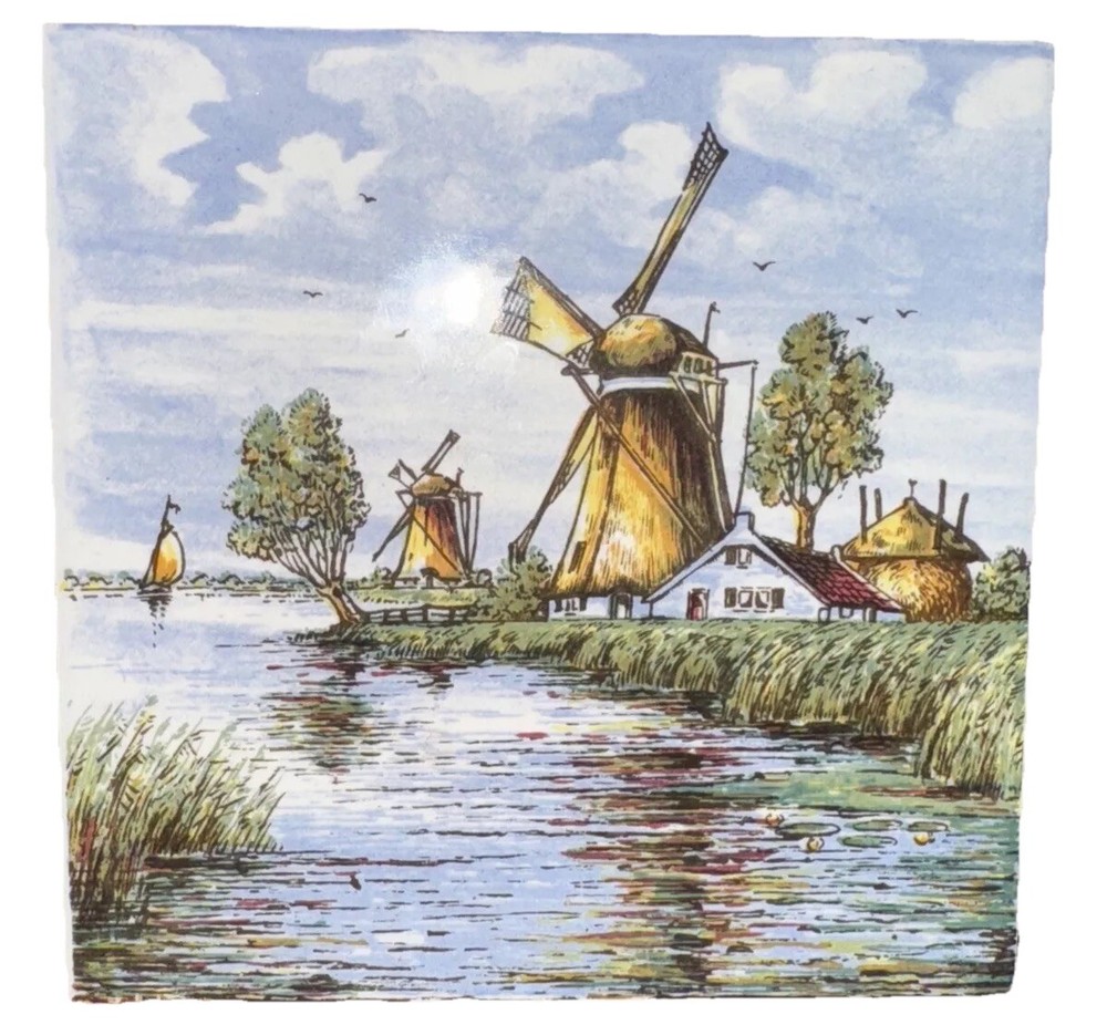 Delft Tile Holland Hand Painted  Windmill River 6” Colored Tile