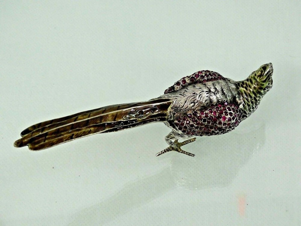 ANTIQUE AUSTRIAN Vienna SILVER ENAMEL MINIATURE BIRD PHEASANT gemset real ruby