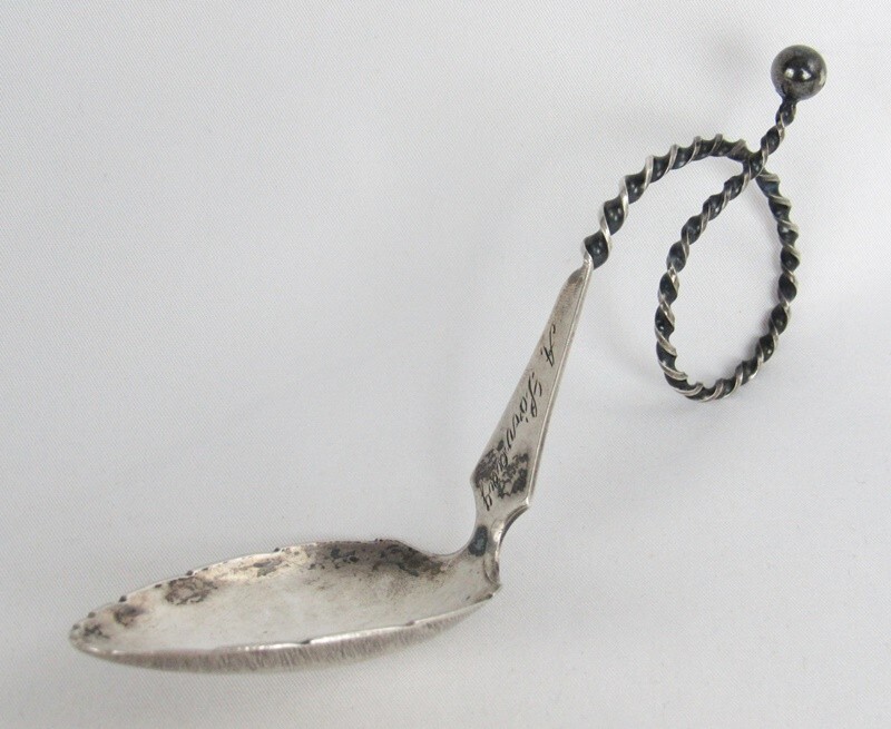 830 Silver J. Strand Tea Caddy Spoon with Fancy Twisted Loop Handle & Ball Tip