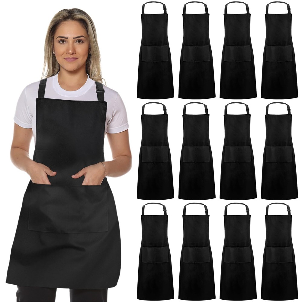 12Pcs Bib Aprons BulkAdjustable Black Apron with 2 PocketWaterproof Kitchen A...