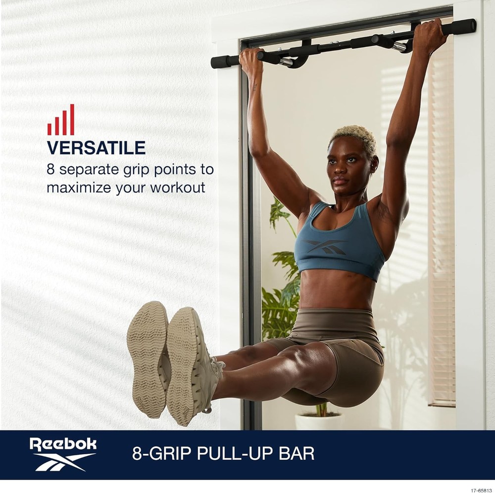 Reebok 8-Grip Pull-Up Bar, Multi-Function Upper Body Workout Rod, Door Frame Fit