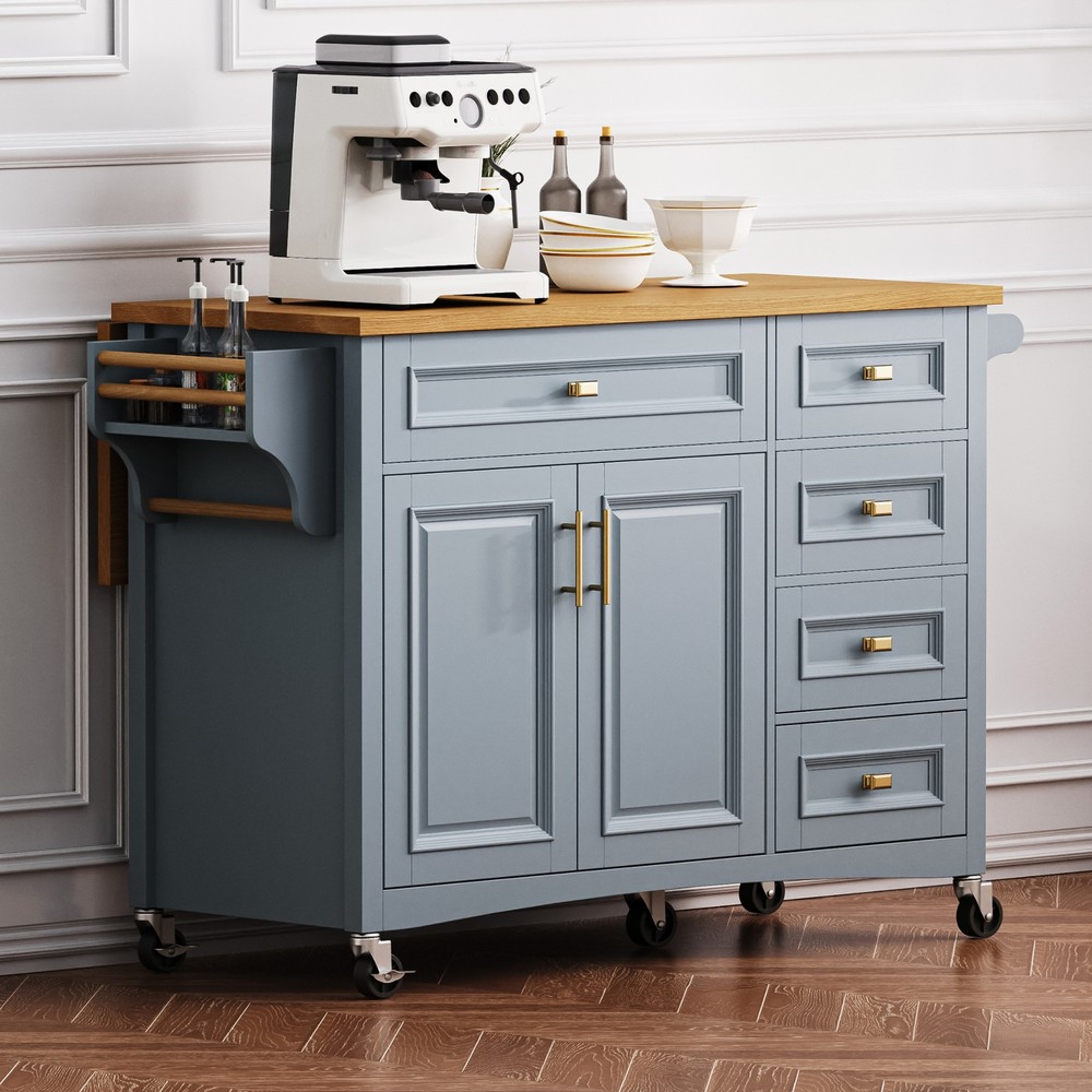 K&K 52'' Kitchen Island with Drop Leaf, Embossed Texture Kitchen Island on Whe