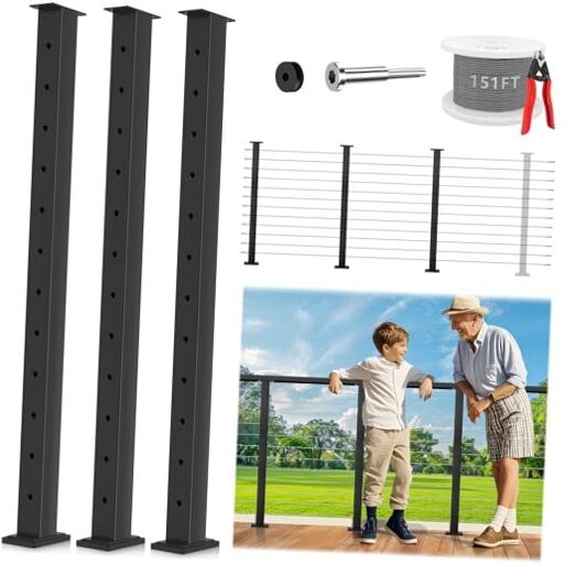 One-Stop Cable Railing Post Kits, 3 Pack Fixed Top 42" 1 3x Level Post Kits