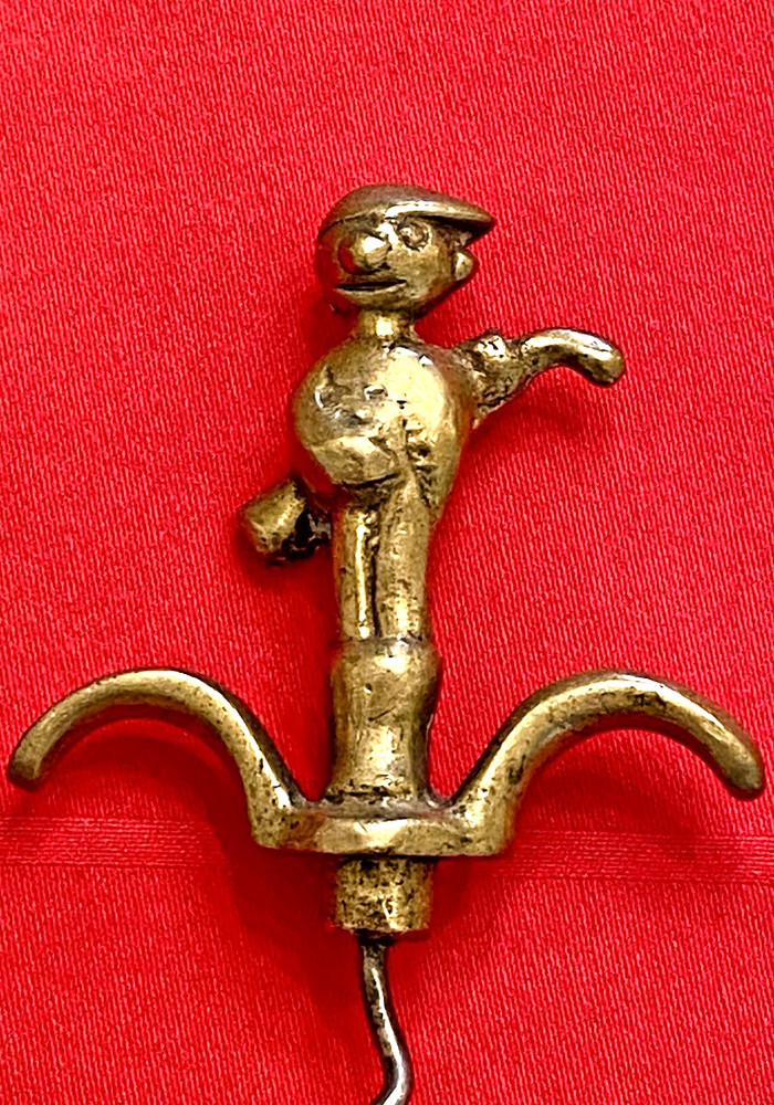 Vintage Solid Brass BOY w UMBRELLA Figural 4-D CORKSCREW 2 Finger Pull, Austria?
