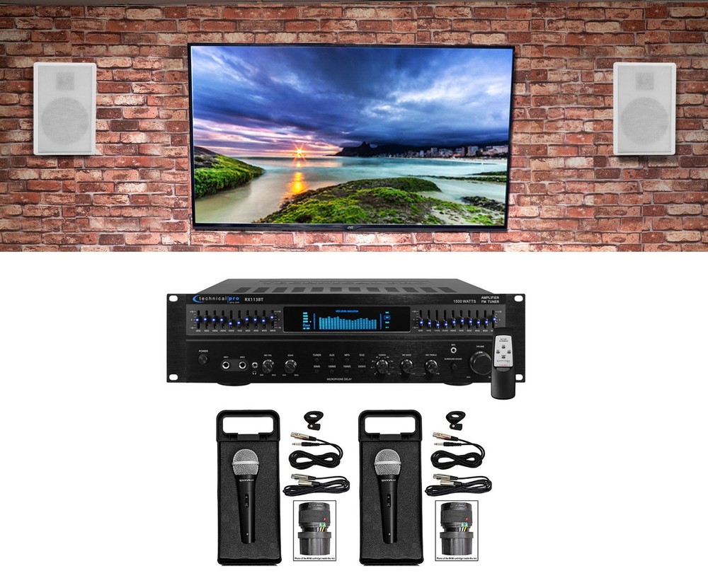 Technical Pro Home Karaoke Machine System+(2) 5.25" White Wall Mount Speakers