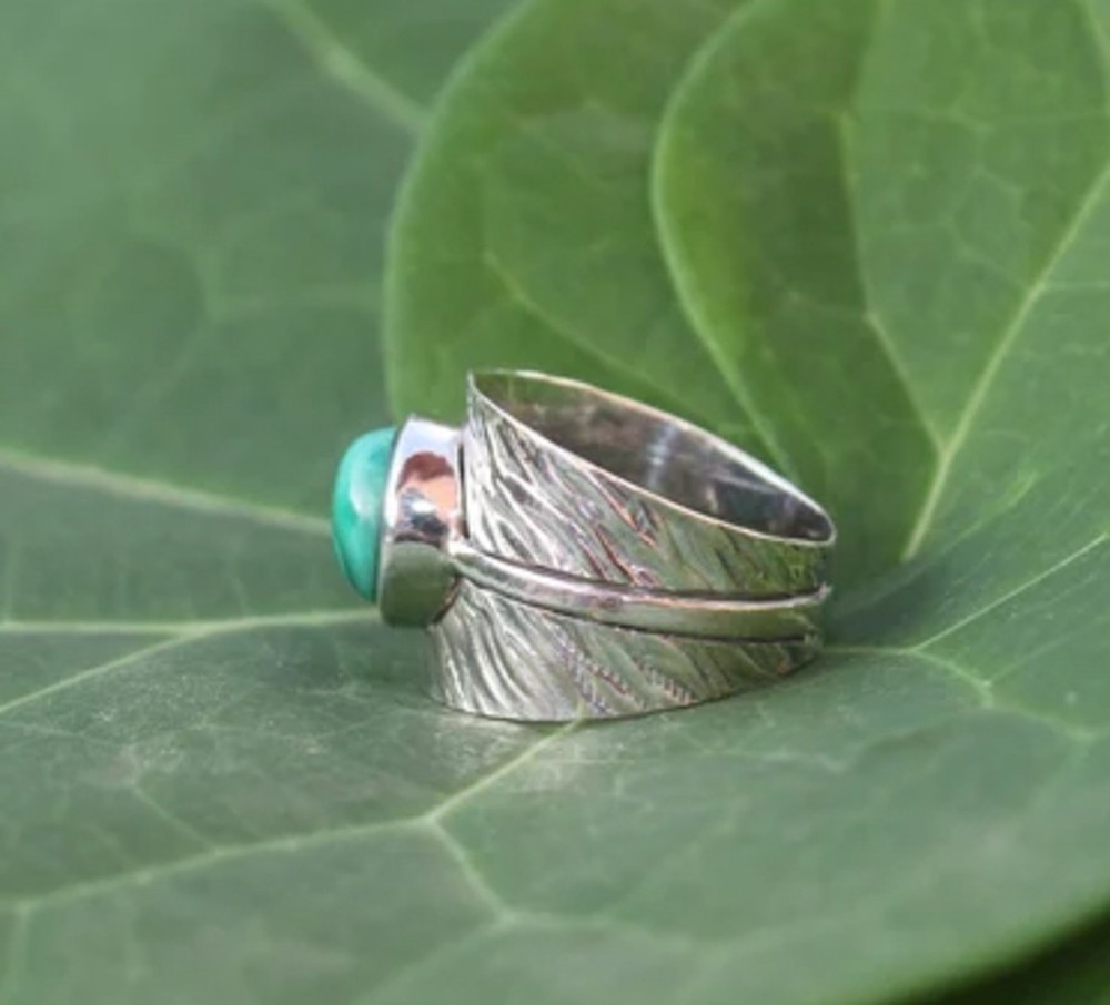 Solid 925Sterling Silver Natural Malachite Gemstone Wide Leaf Textured Boho Ring