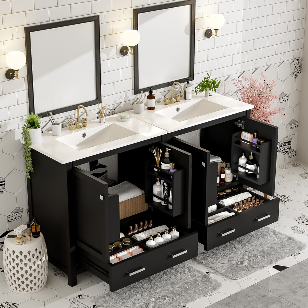 60" Black Bathroom Vanity Set with Double Vanities , Double Ceramic Sinks, Sto