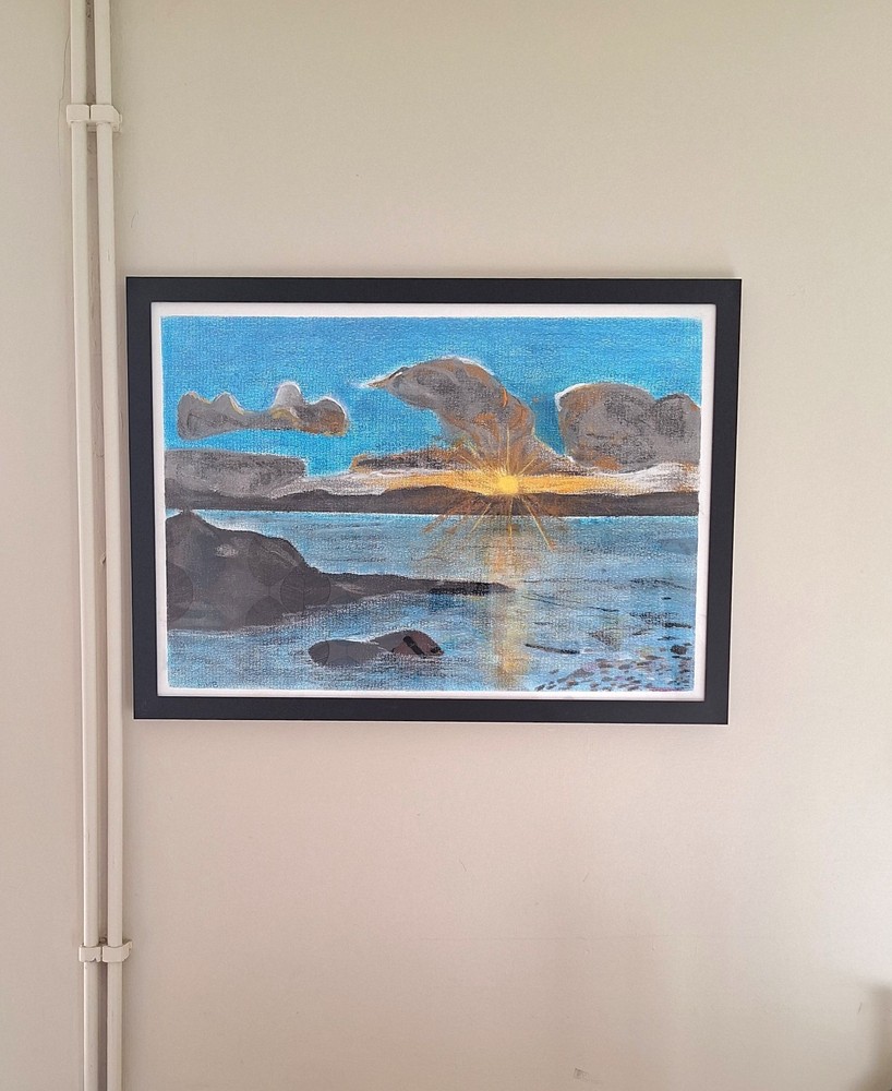A2 Size Framed Original Pastel Drawing. Sunrise over Sea