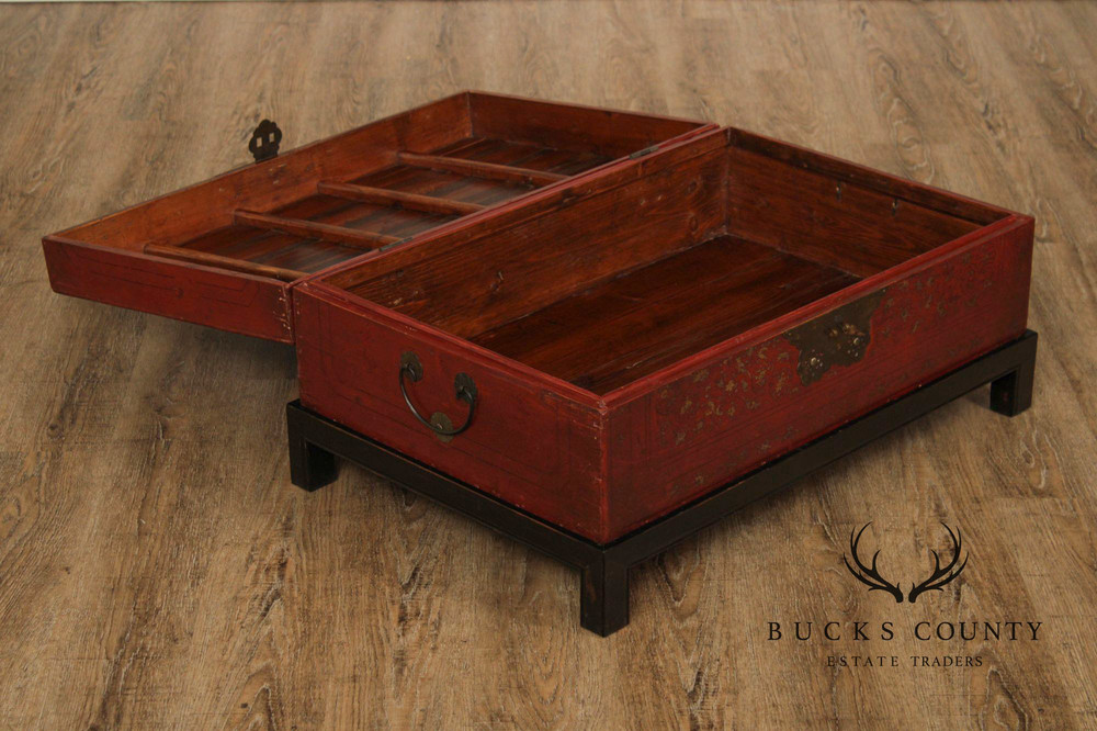 Red Lacquered Trunk With Brass Hardware On Custom Black Stand, Coffee Table