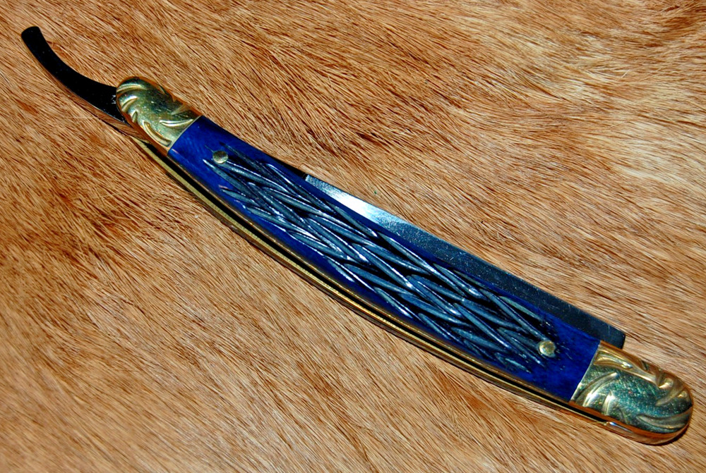 Ocoee River Blue Bone Handle Straight Razor Folding Knife - NEW