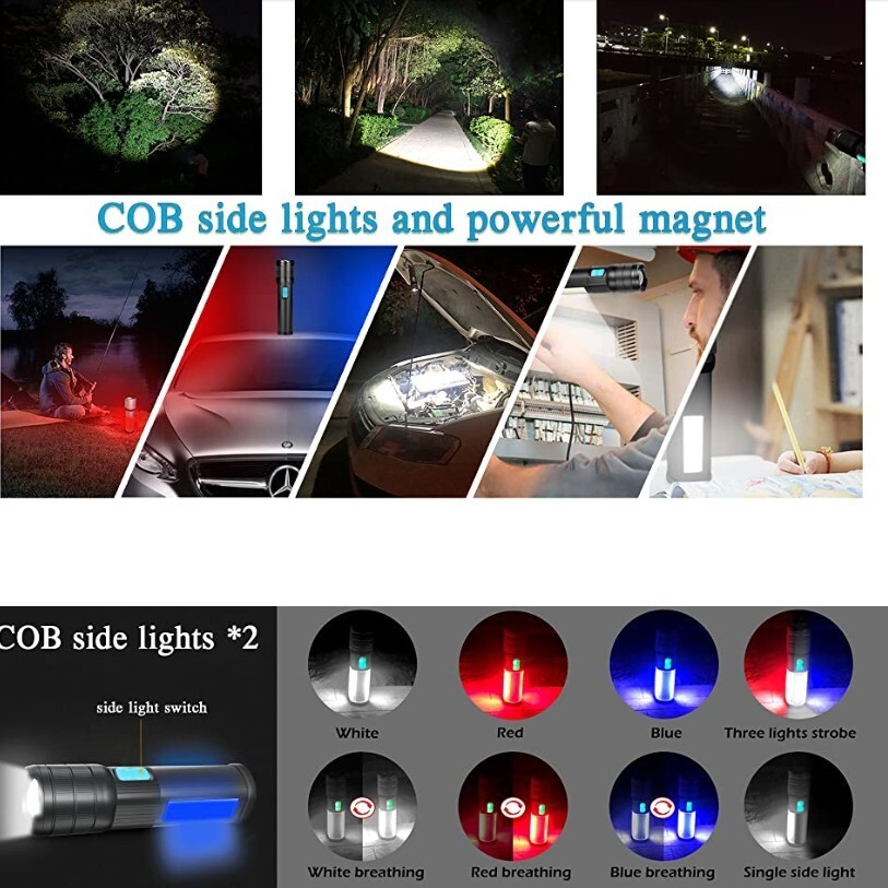 Rechargeable Gymwebeek Flashlights LED Tactical Flashlight COB Side Light