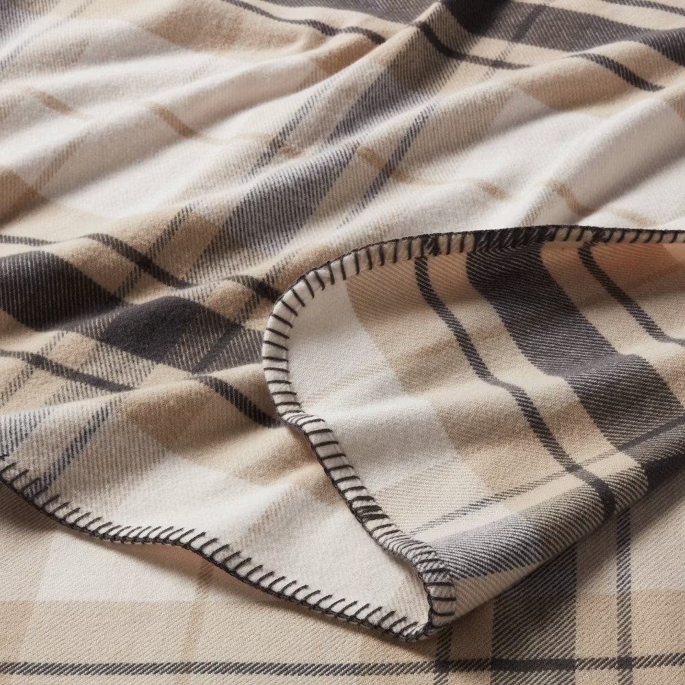 Full/Queen Brushed Cotton Blanket Neutral Plaid - Threshold
