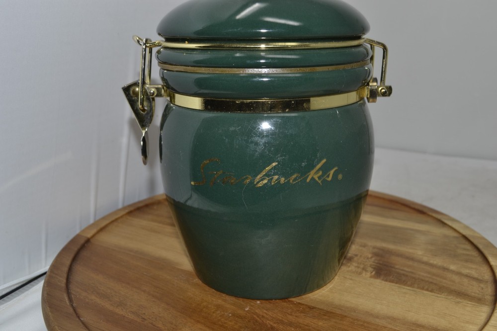 Starbucks Coffee Storage Canister Forest Green & Gold Script Logo Jar 7”