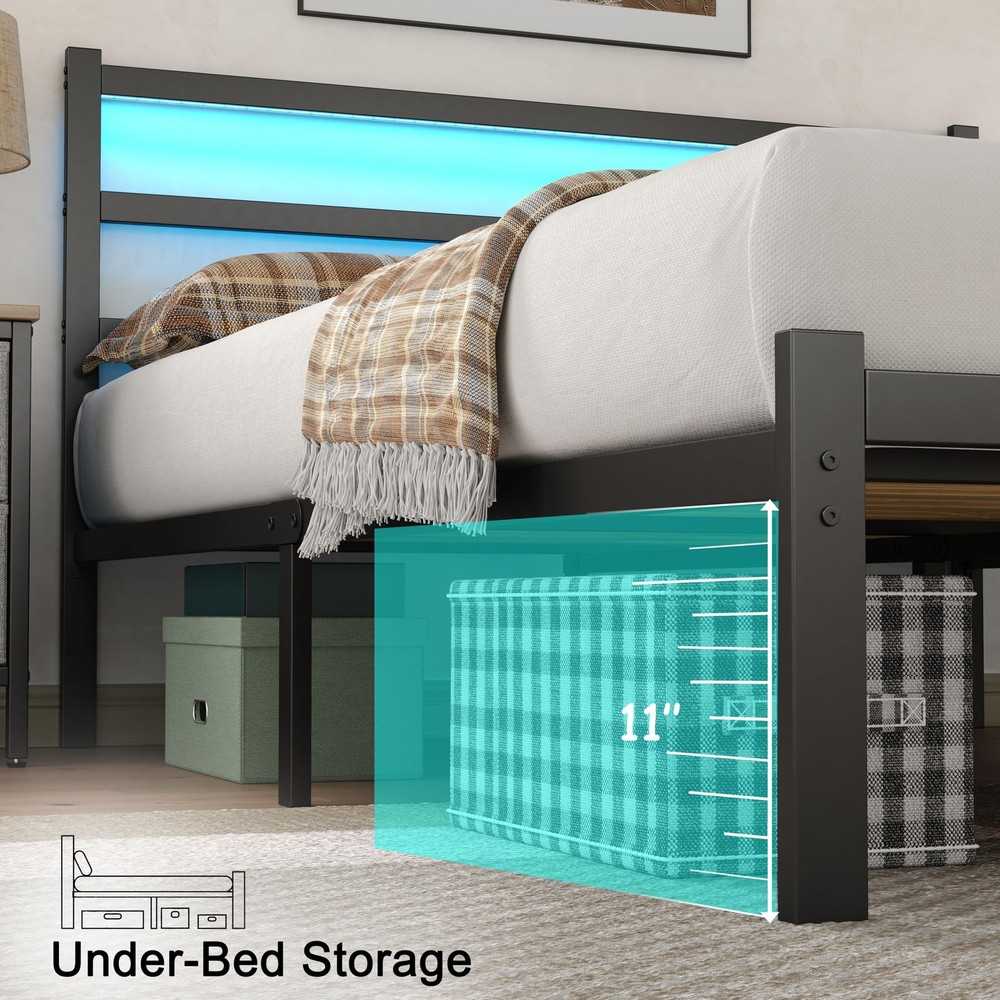 Full Bed Frame with Smart LED Lights, Storage Headboard and USB Charging Stat...
