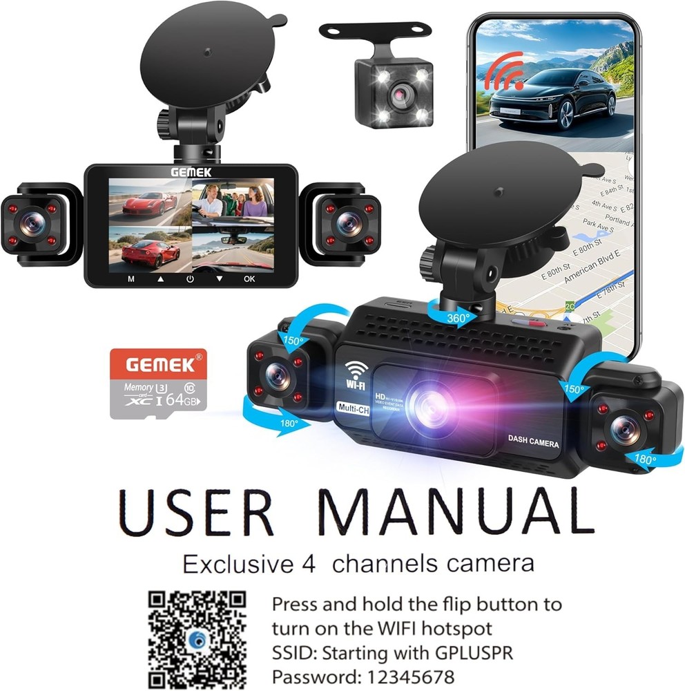 360° View 4 Channel Dash Cam 2K Front Rear Inside G-Sensor