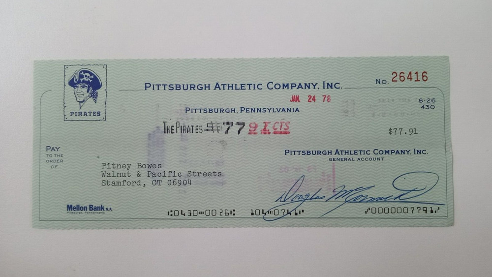 Pitney Bowes: 1978 Pittsburgh Pirates Expense Check