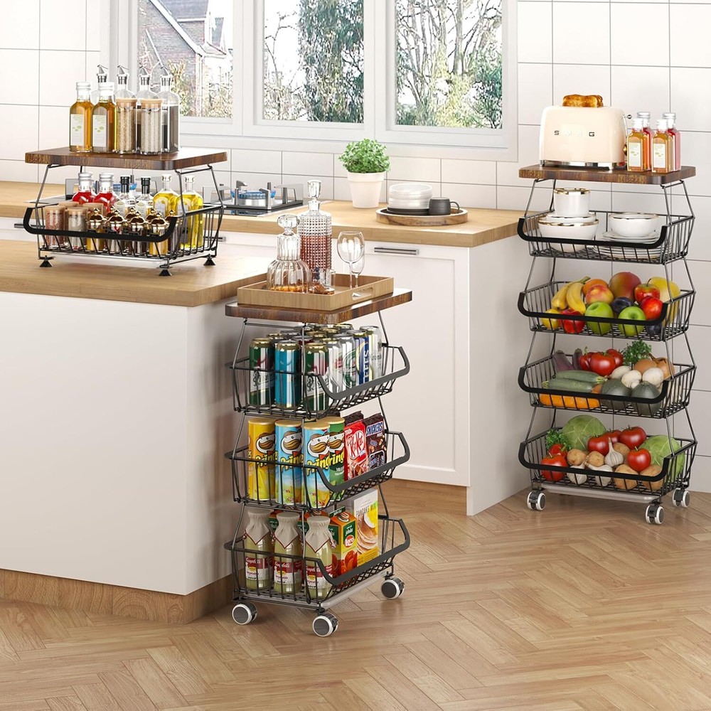 Fruit Basket with Wooden Lid,4 Tier Stackable Fruit and Vegetable Storage Basket