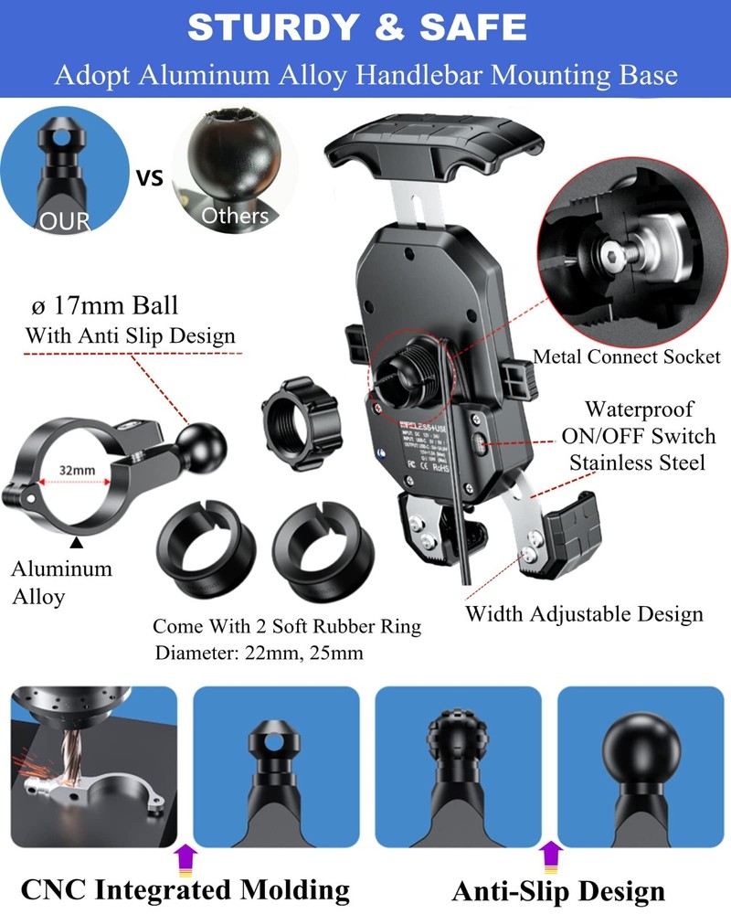 Waterproof Motorcycle Phone Mount Wireless USB Charging Auto Lock /Quick Release