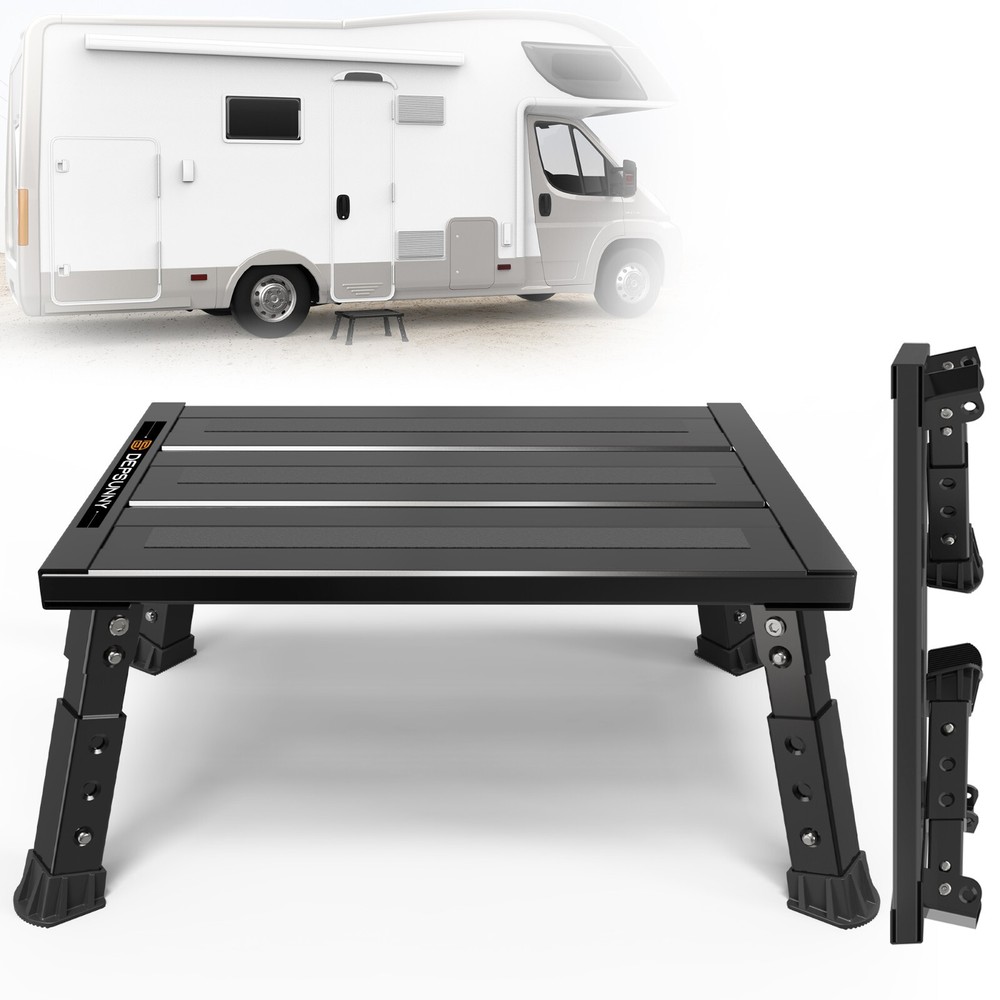 RV Aluminum Platform Step Portable Folding Adjustable Height Step Stool Black