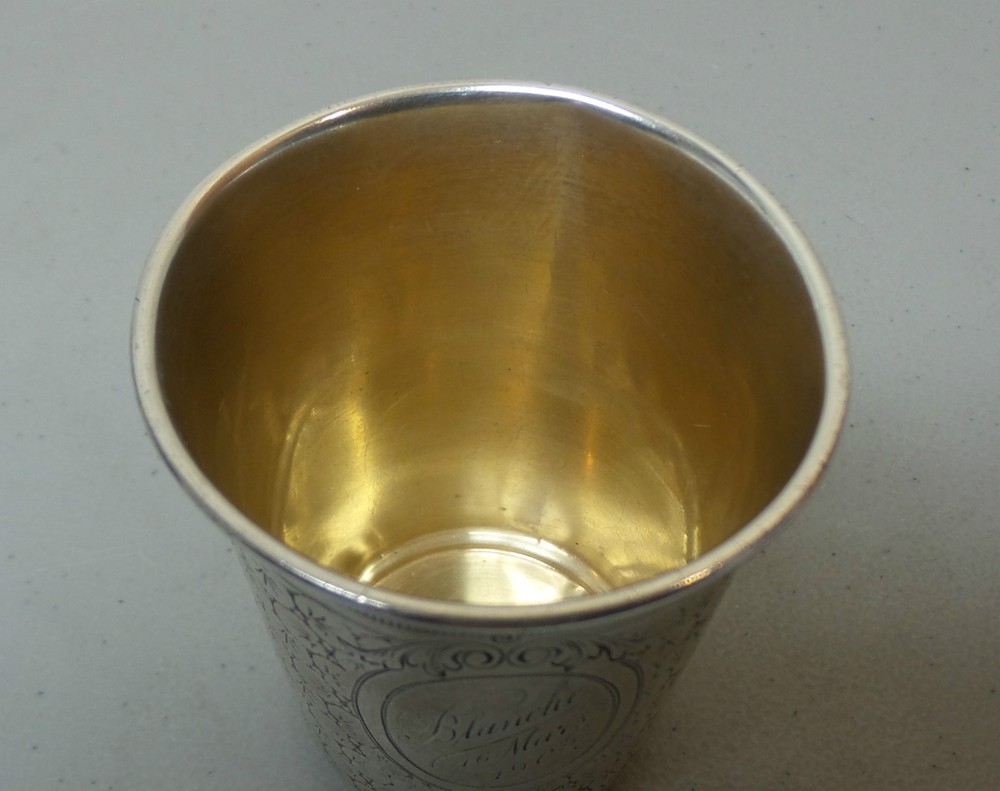 UNUSUAL ANTIQUE GERMAN .800 SILVER ENGRAVED BEAKER, dated 1902