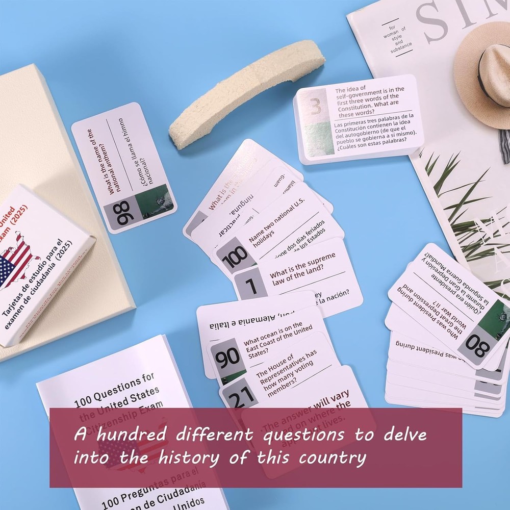 US Citizenship Flash Cards 2025, Naturalization Study Guide English Spanish Test