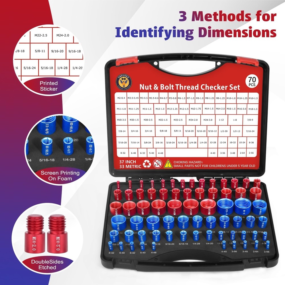70 Pcs Thread Checker Nut and Bolt Thread Checker Set with 37 Inch and 33 Met...