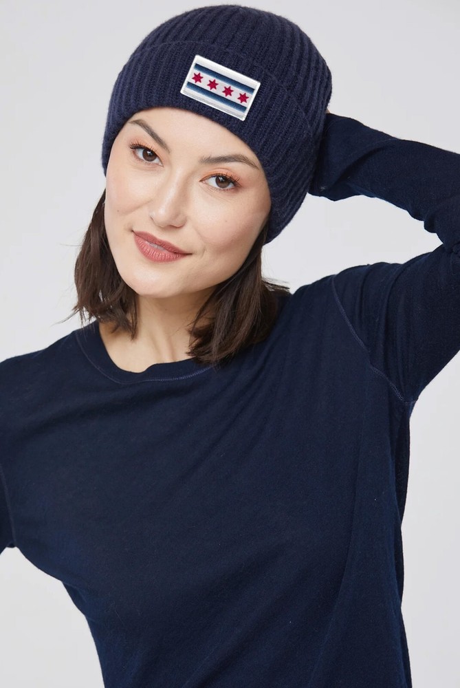 Chicago Flag Patch Cuffed Ribbed Beanie Hat Navy