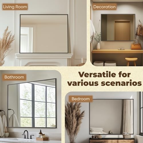 36x36 Metal Framed Bathroom Mirror, Square Edge Rectangular 36"L x 36"W Black