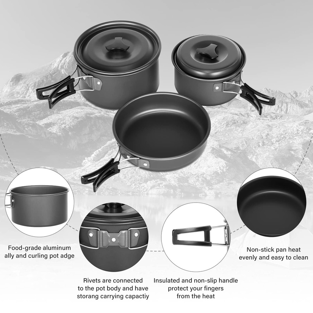 Lixada 10pcs Camping Cookware Mess Kit, Non-Stick Lightweight Stackable Pot P...
