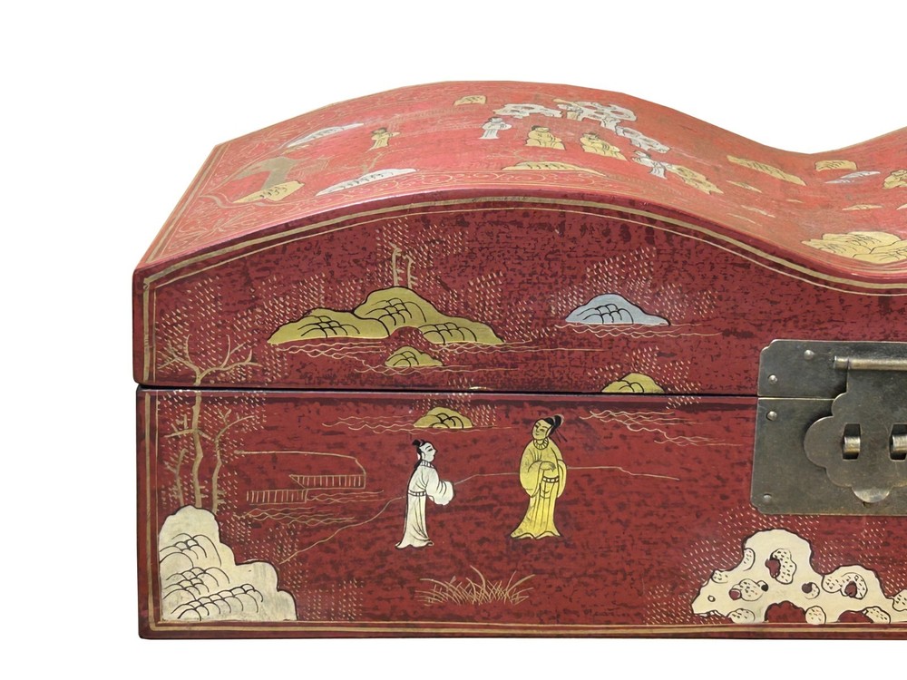 Red Lacquer Chinoiserie-style Gold Silver Scenery Graphic Rectangular Box GB230
