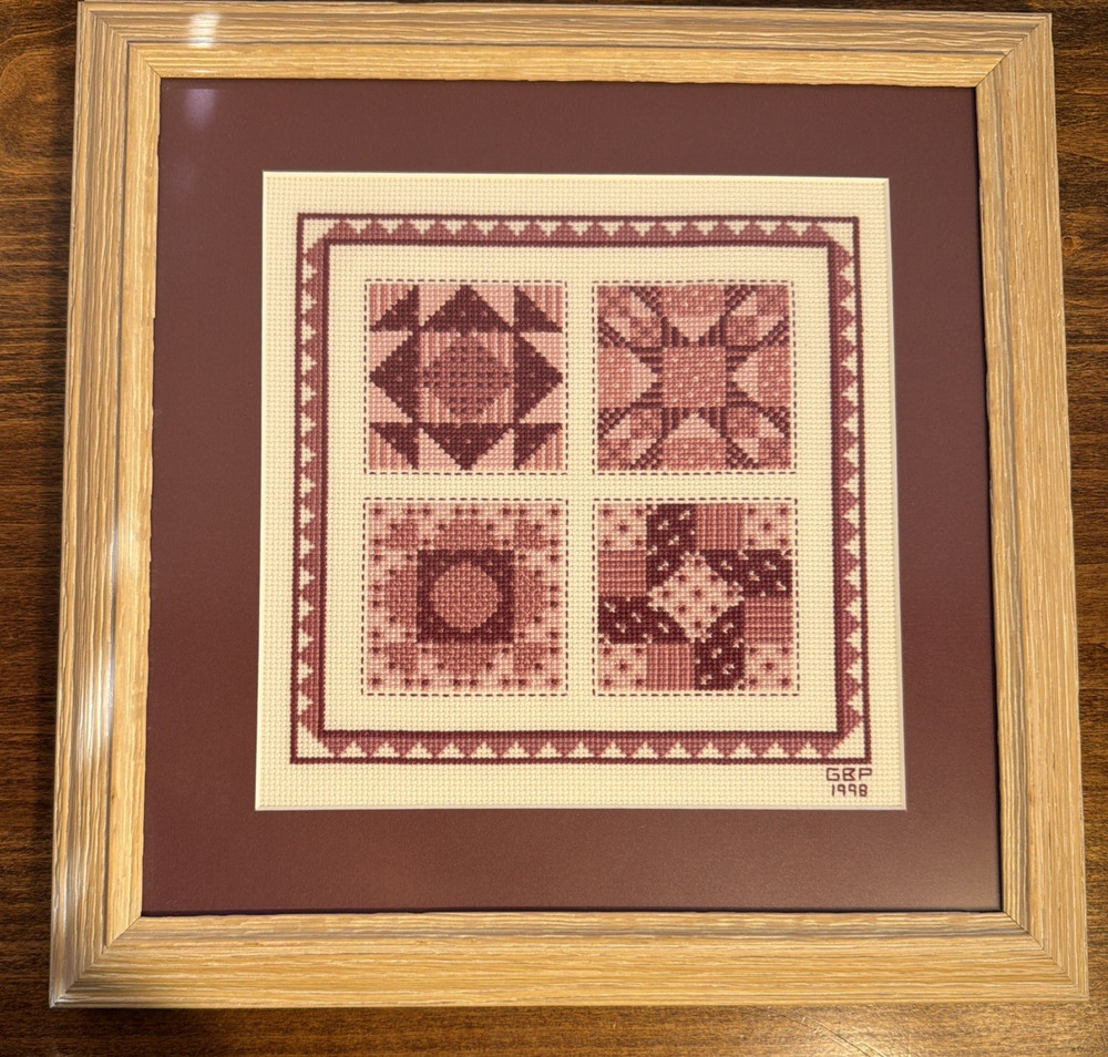 Vintage Handmade Framed Cross Stitch Quilt Pattern Blocks Wall Decor Pinks