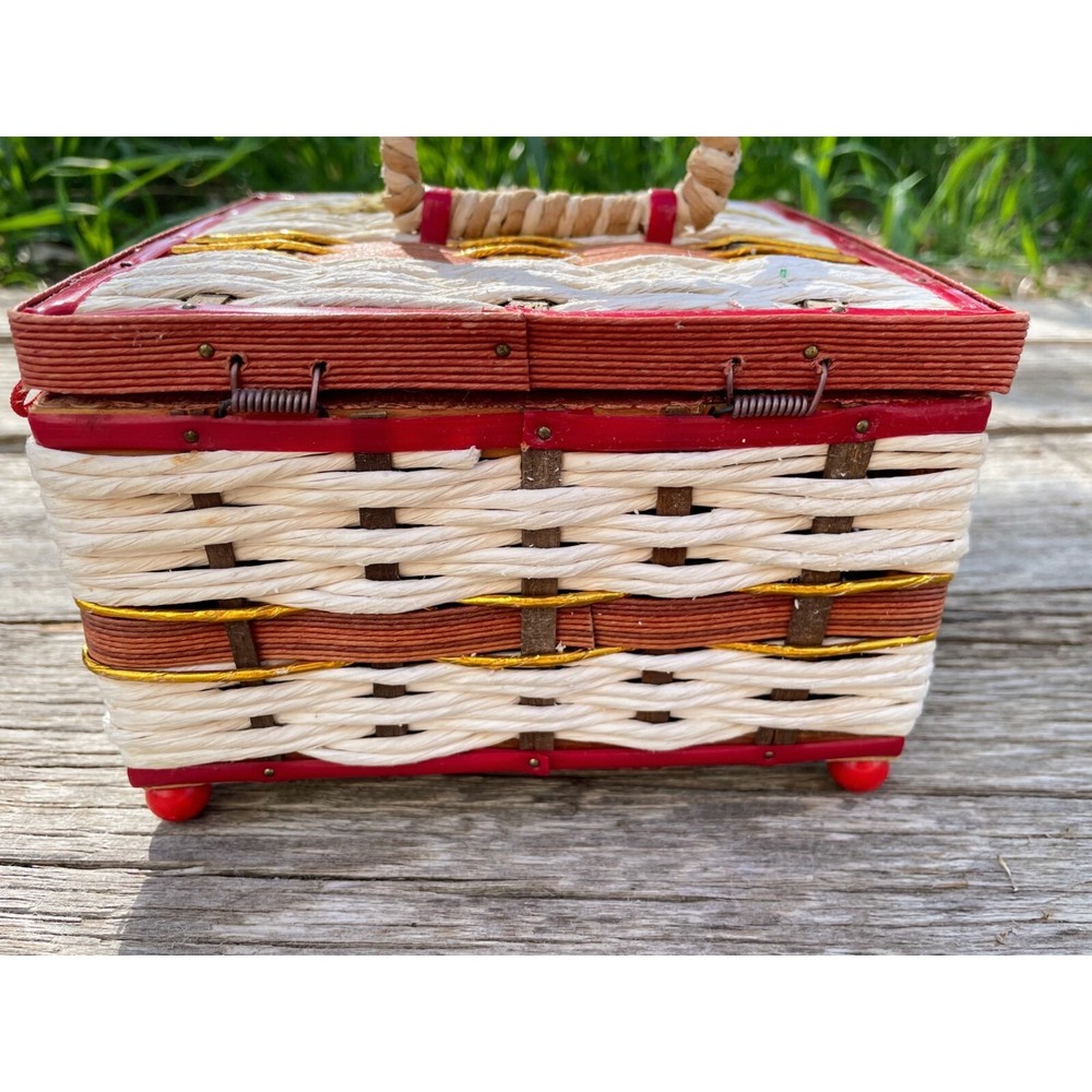 Vintage raffia straw Small Sewing Box Retro Red