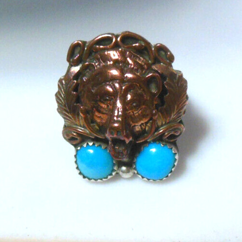 Signed RB Sterling Ring -Bear Face & Turquoise Size 8