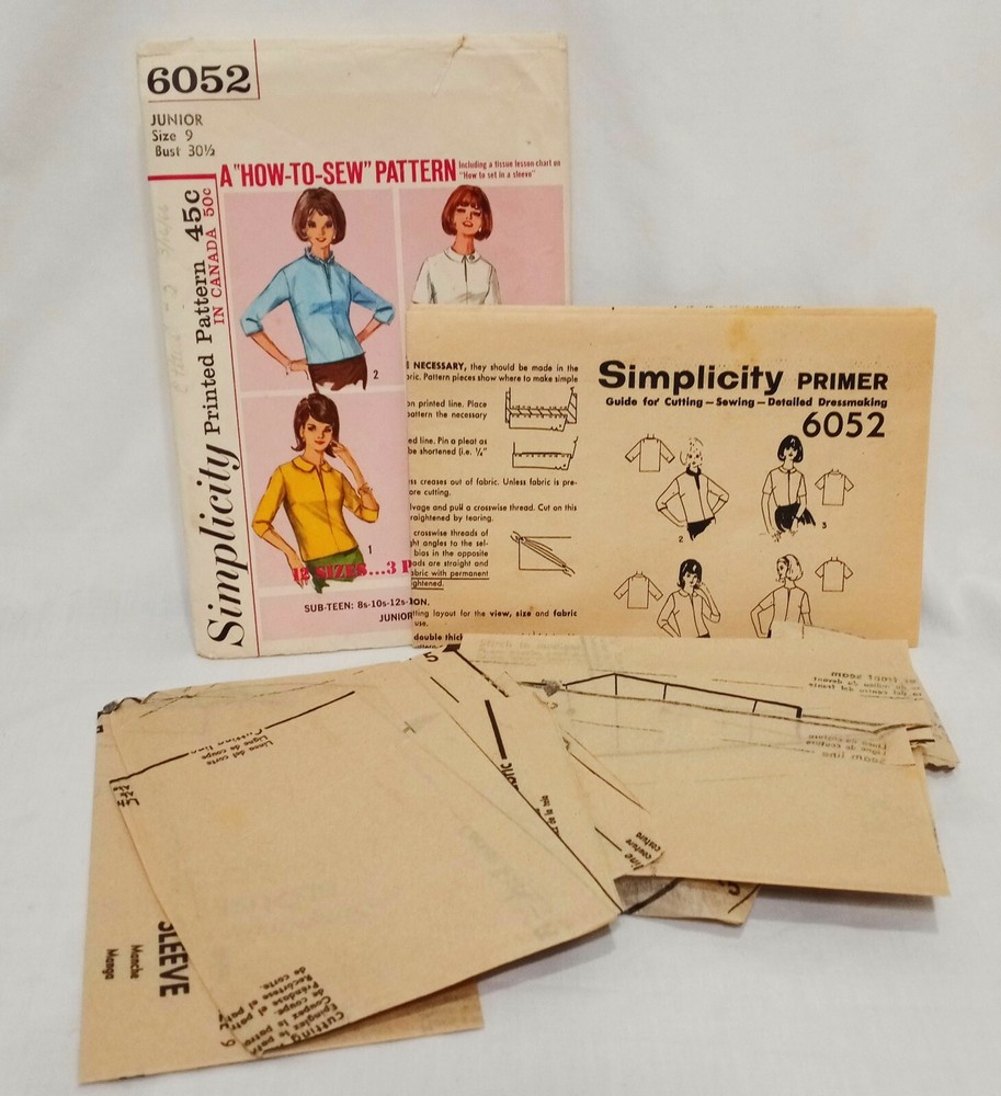 Blouse Sewing Pattern 6052 Simplicity 1965 Junior size 9 Bust 30 1/2 Precut