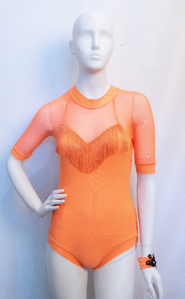 Custom Dance Competition Costume Size AS Orange Open Back Fringe