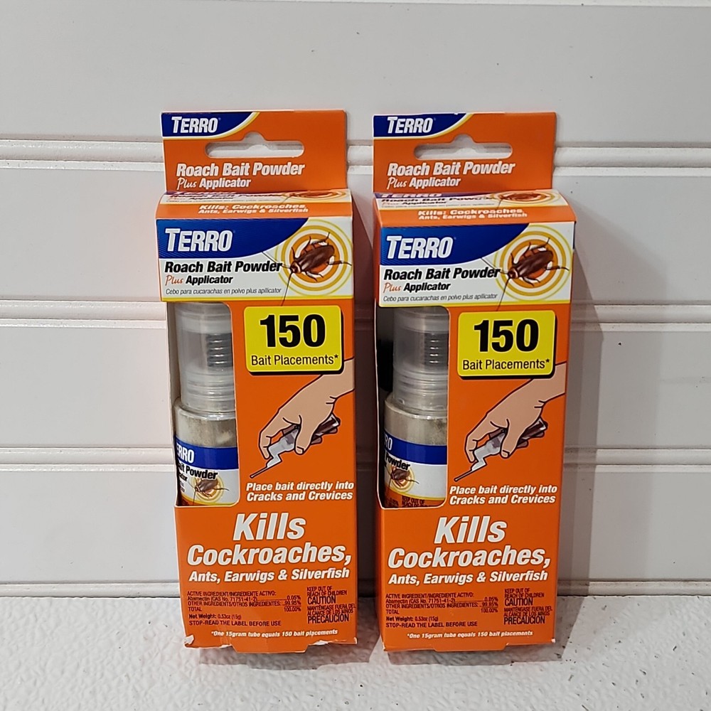 Lot 2 TERRO Roach Bait Powder+Applicator Kills Cockroach Ants Earwigs Silverfish