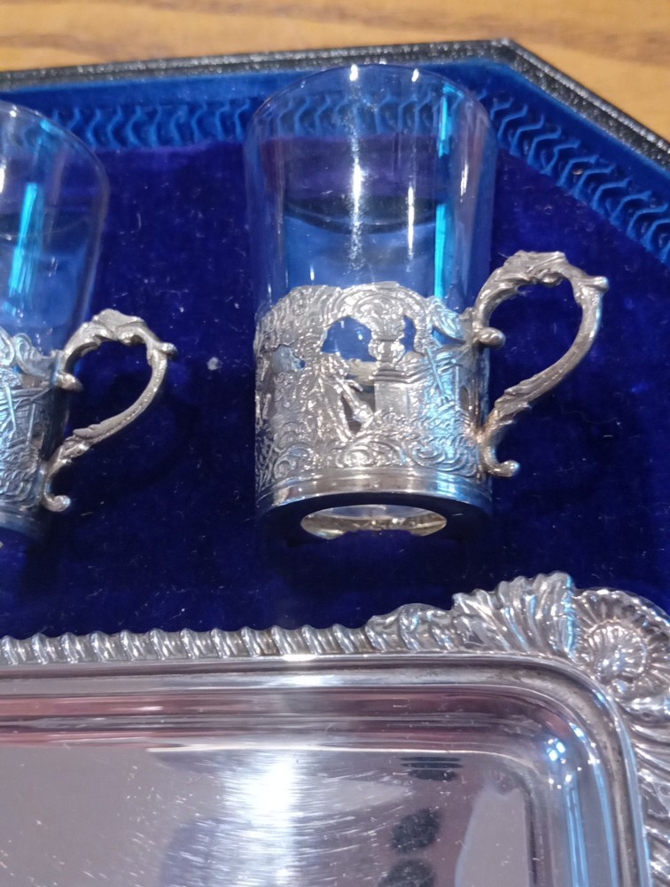 AntiqueBoxed Solid Silver Liquer and Salver Set.