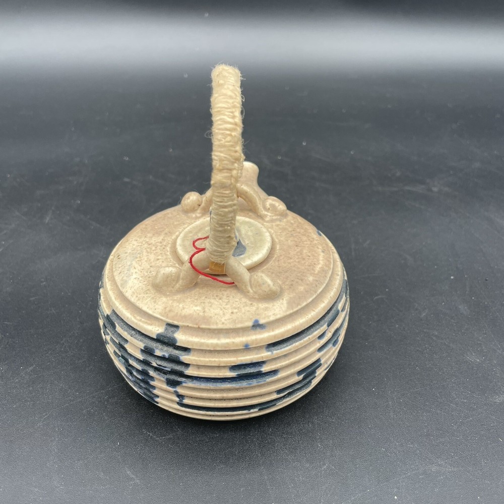 Small Tea Pot Blue & White Pottery w/ Yarn Handle.