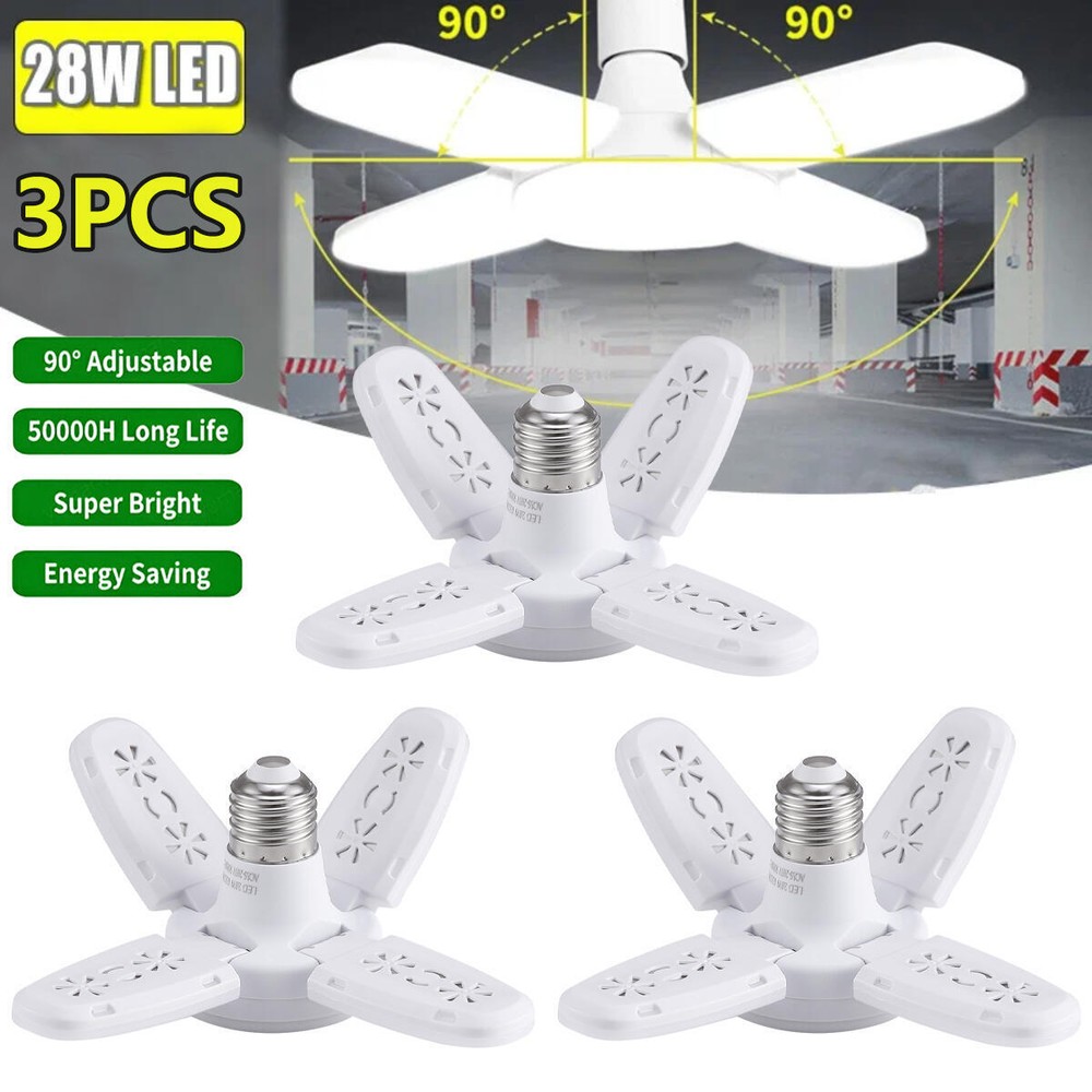 3X E27 LED Garage Light Fan Bulb 28W Deformable Ceiling Fixture Workshop Lamp US