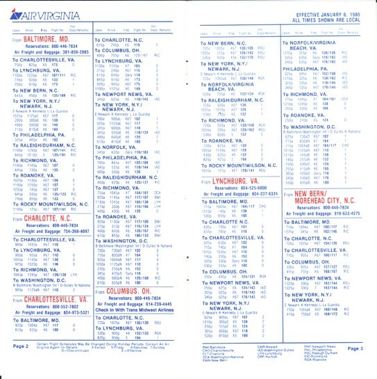 Air Virginia timetable 1985/01/06