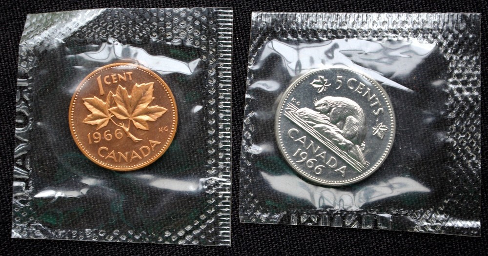 1966 CANADA 1 CENT & 5 CENT PROOF-LIKE COINS - Cut from Set