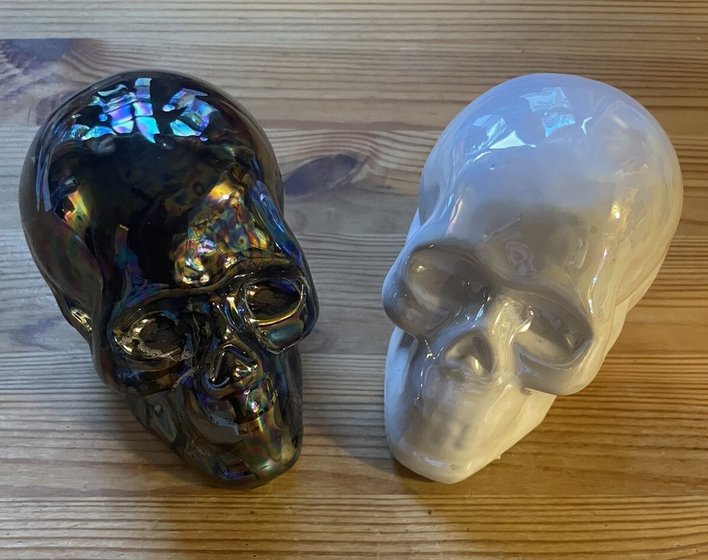 2 Halloween Skull Figures White & Black