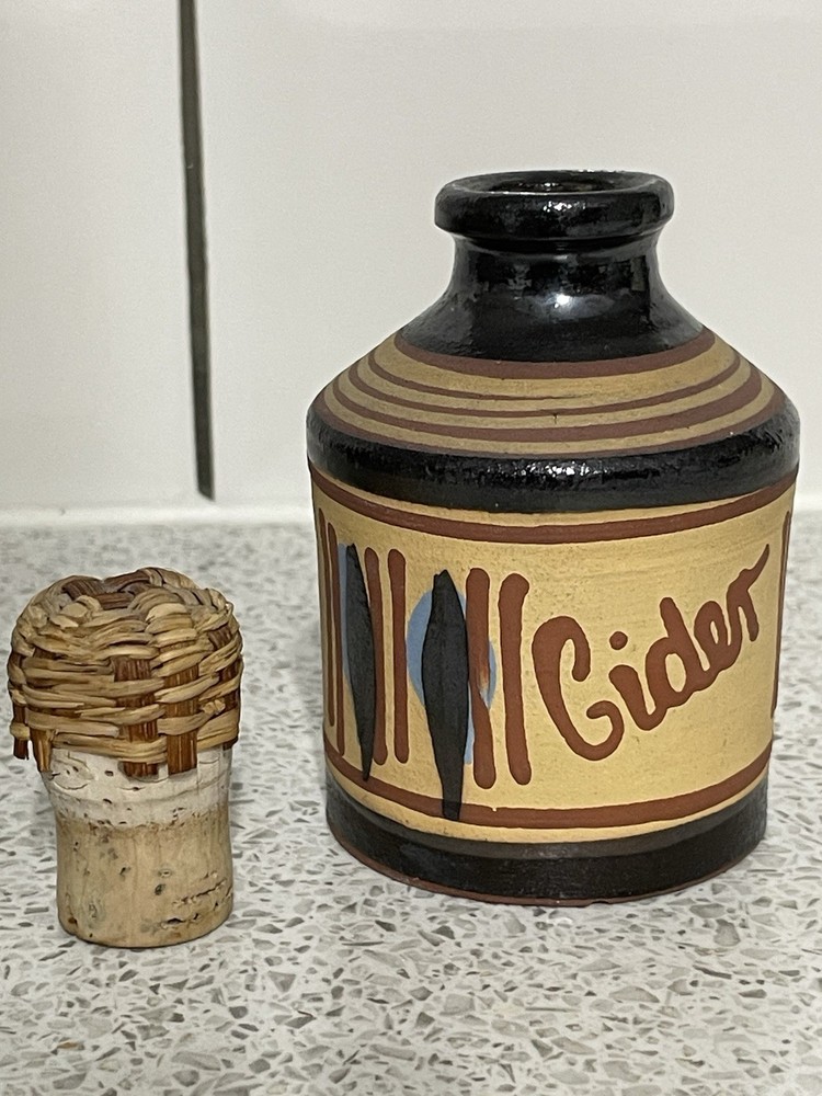 2 SMALL PRIDDOE'S STUDIO POTTERY HAND PAINTED "CIDER" BOTTLES PAIGNTON DEVON