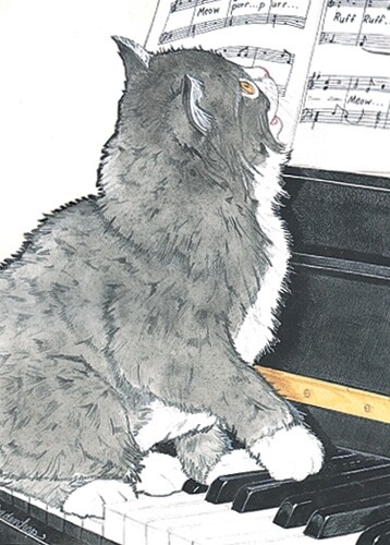 Cat Black and White Kitty Piano Blank Note Card