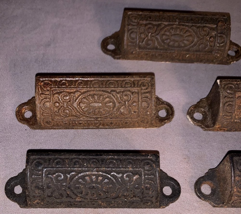 Great Set 5 Antique Cast Iron Bin Cabinet Pulls