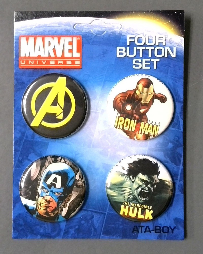 Marvel Universe Four Button Set: Cap, Hulk, Iron Man, Avengers Logo-ATA-BOY 2011