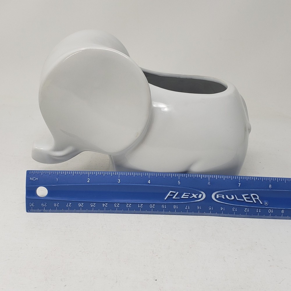 White Gloss Glazed Elephant Planter Ceramic Short Round 6" Long 4" Tall MOD