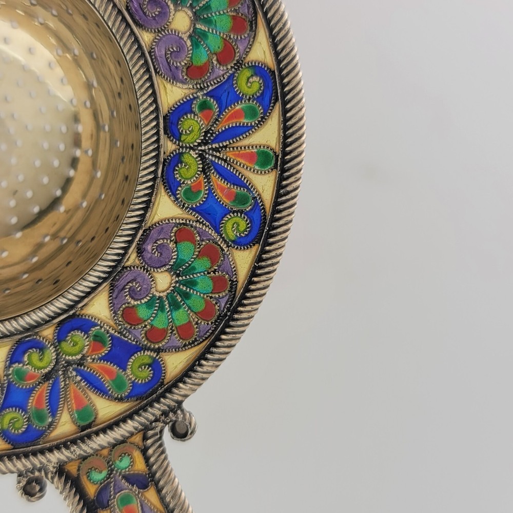 Silver & Plique A Jour Enamel Tea Strainer multi-colored stained glass patterns